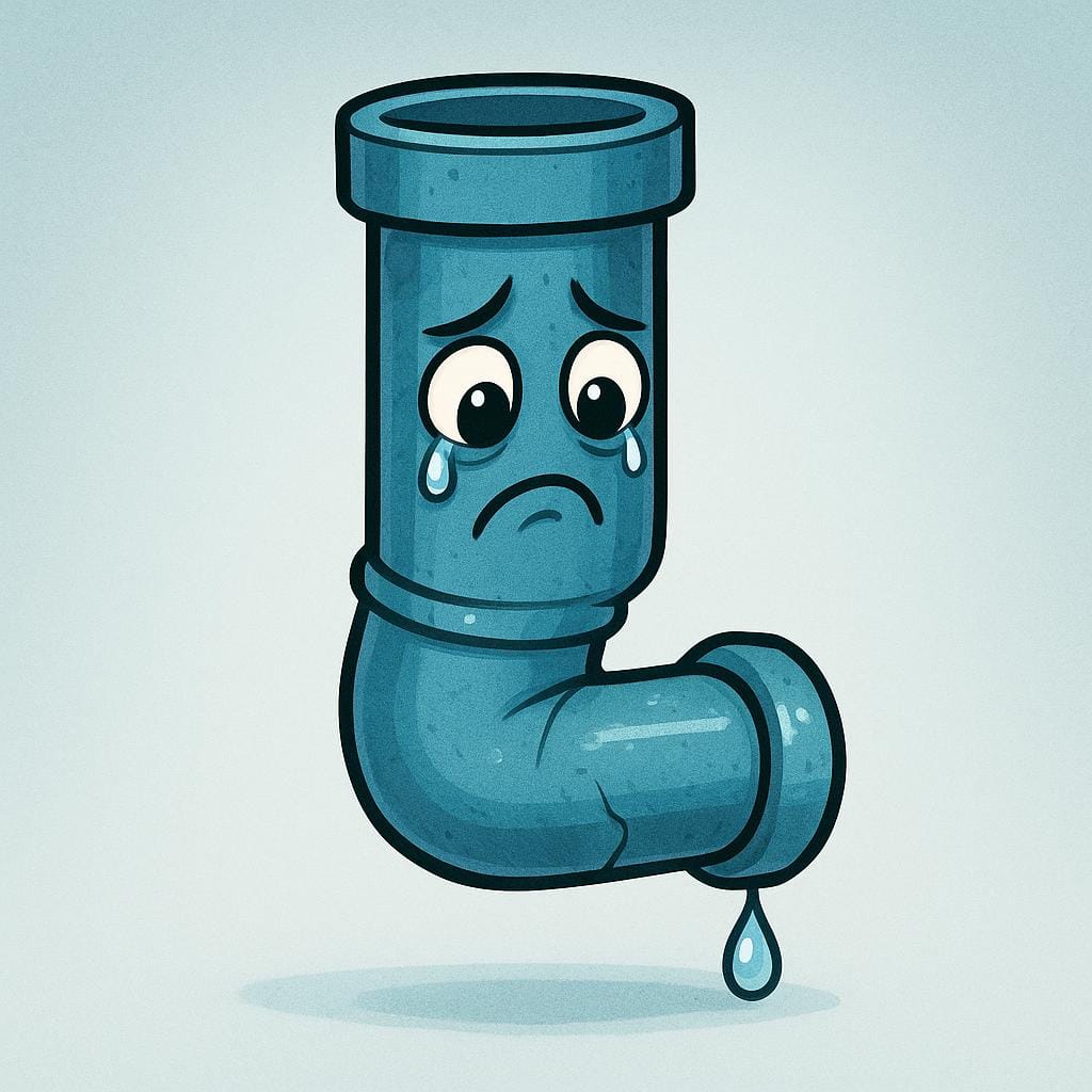 A blue metal water pipe with a single drop of water slowly falling from a visible crack, illustrating a leak.