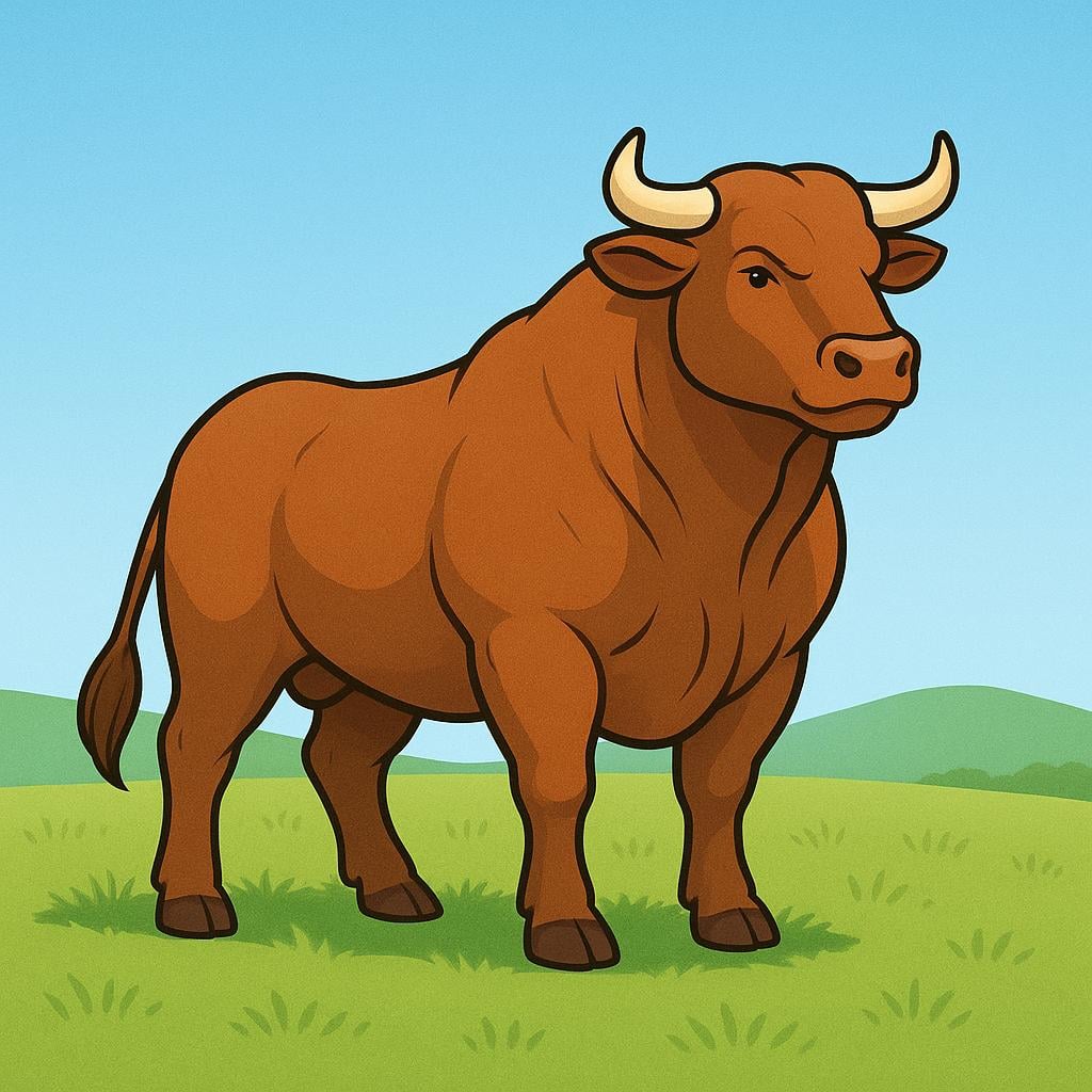 A strong, stylized brown bull standing in a grassy field, representing a typical animal or beast.
