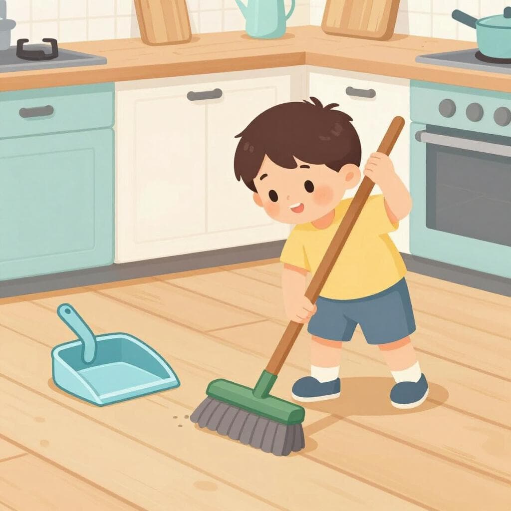 Een kind dat blij de vloer veegt met een kleine bezem in een schone keuken.