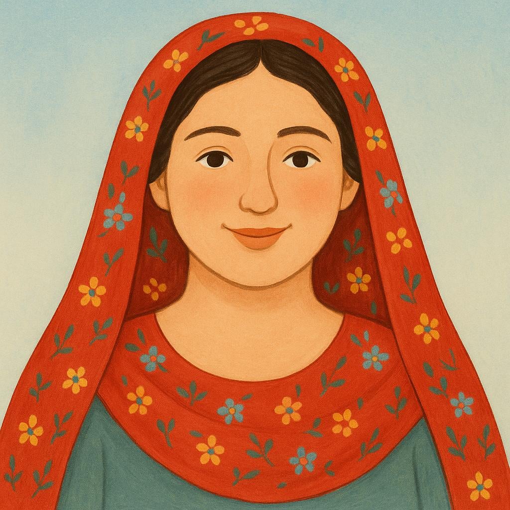 A portrait of a smiling woman wearing a simple, colorful red floral shawl covering her hair, representing a Russian woman.