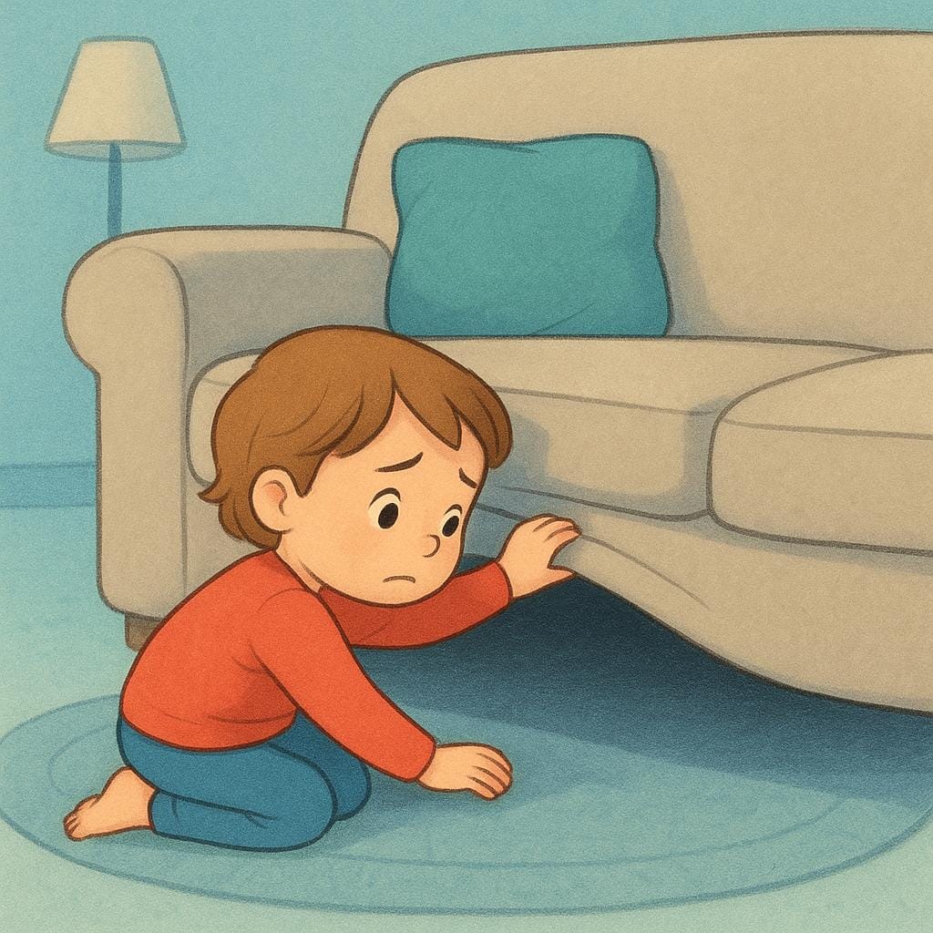 Un bambino piccolo inginocchiato accanto a un grande divano, che guarda preoccupato sotto un cuscino, cercando un giocattolo perduto.