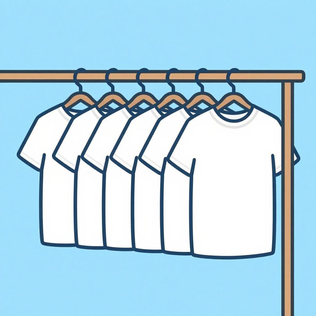 Une rangée de t-shirts blancs simples et identiques suspendus sur un portant, représentant un groupe universel.