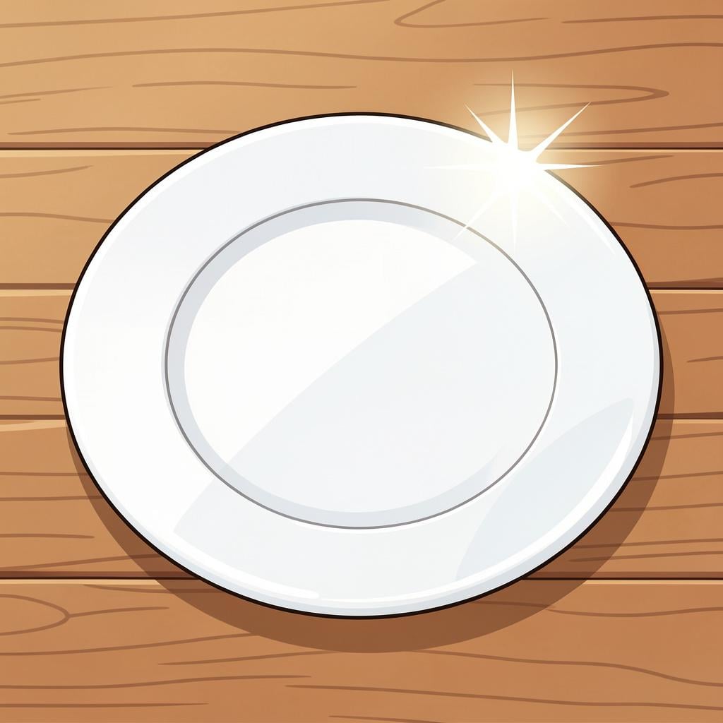 A sparkling clean white plate on a wooden table.
