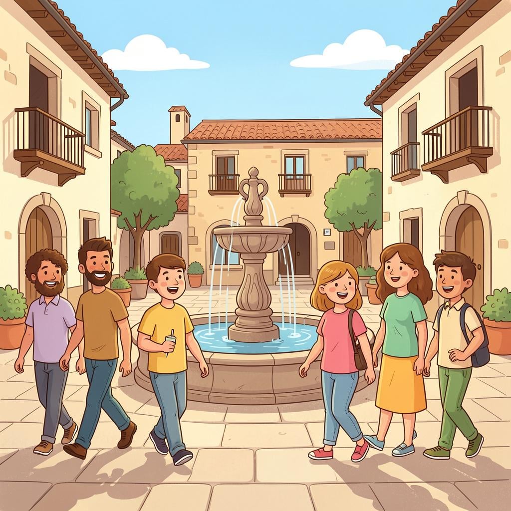 A group of smiling people walking through a historic cobblestone city square with a stone fountain.