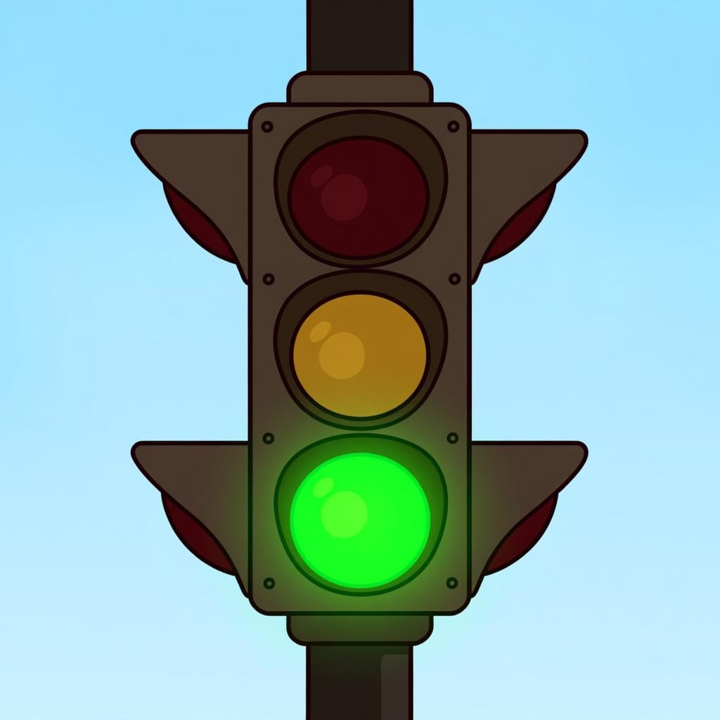 A simplified traffic signal showing only the green light illuminated, symbolizing the 'go-ahead' or approval.