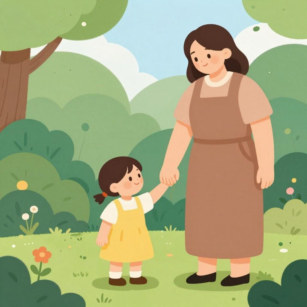 Uma ilustração de uma jovem segurando a mão de um guardião adulto gentil.