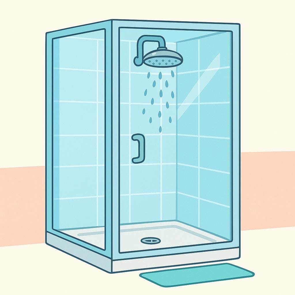 Een kleurrijke illustratie van een lege, moderne douchecabine met een zichtbare douchekop en kraangrepen.