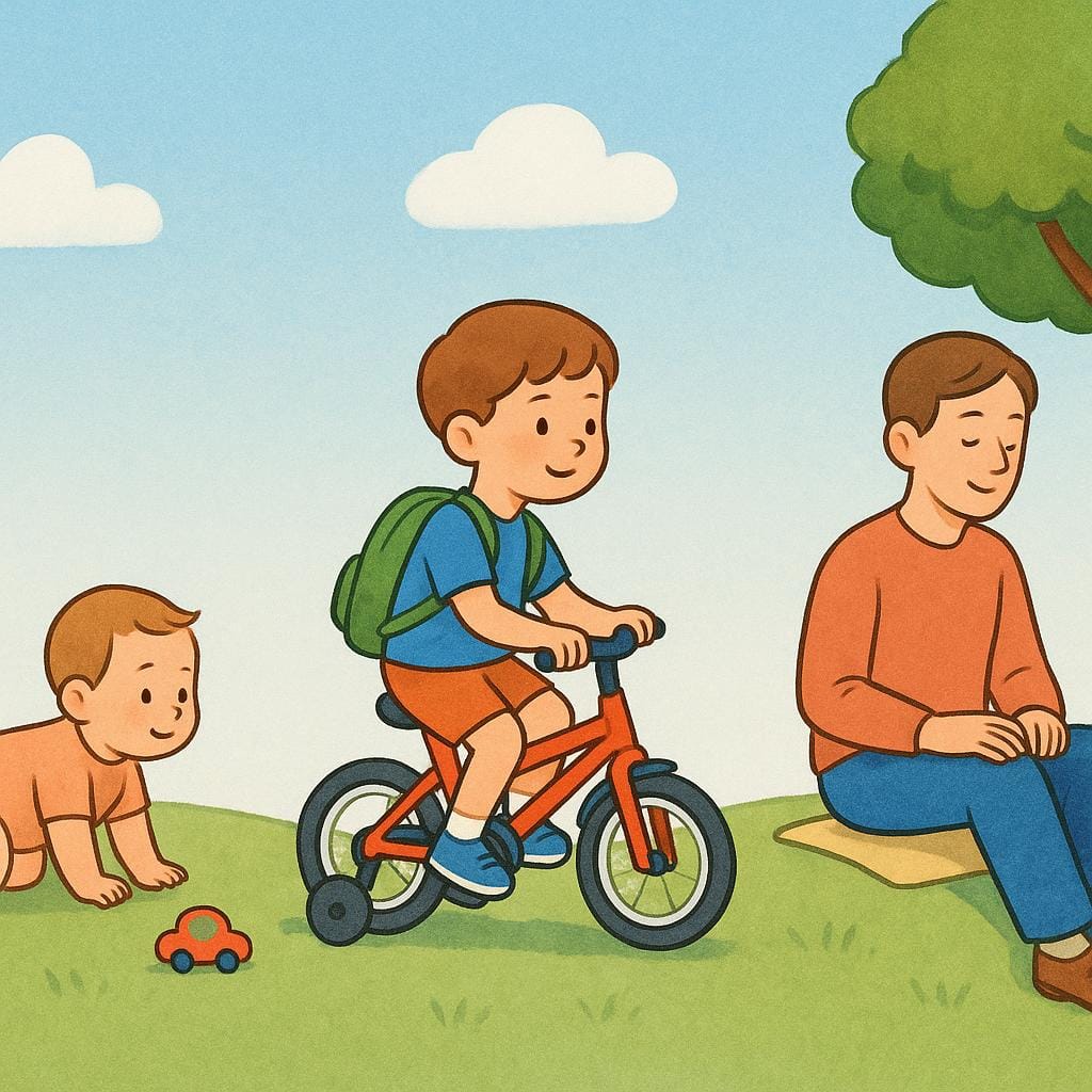 A simple, continuous illustration showing a single character represented in three distinct life phases: a baby crawling, a child riding a bicycle, and an adult sitting calmly under a tree, symbolizing different periods.