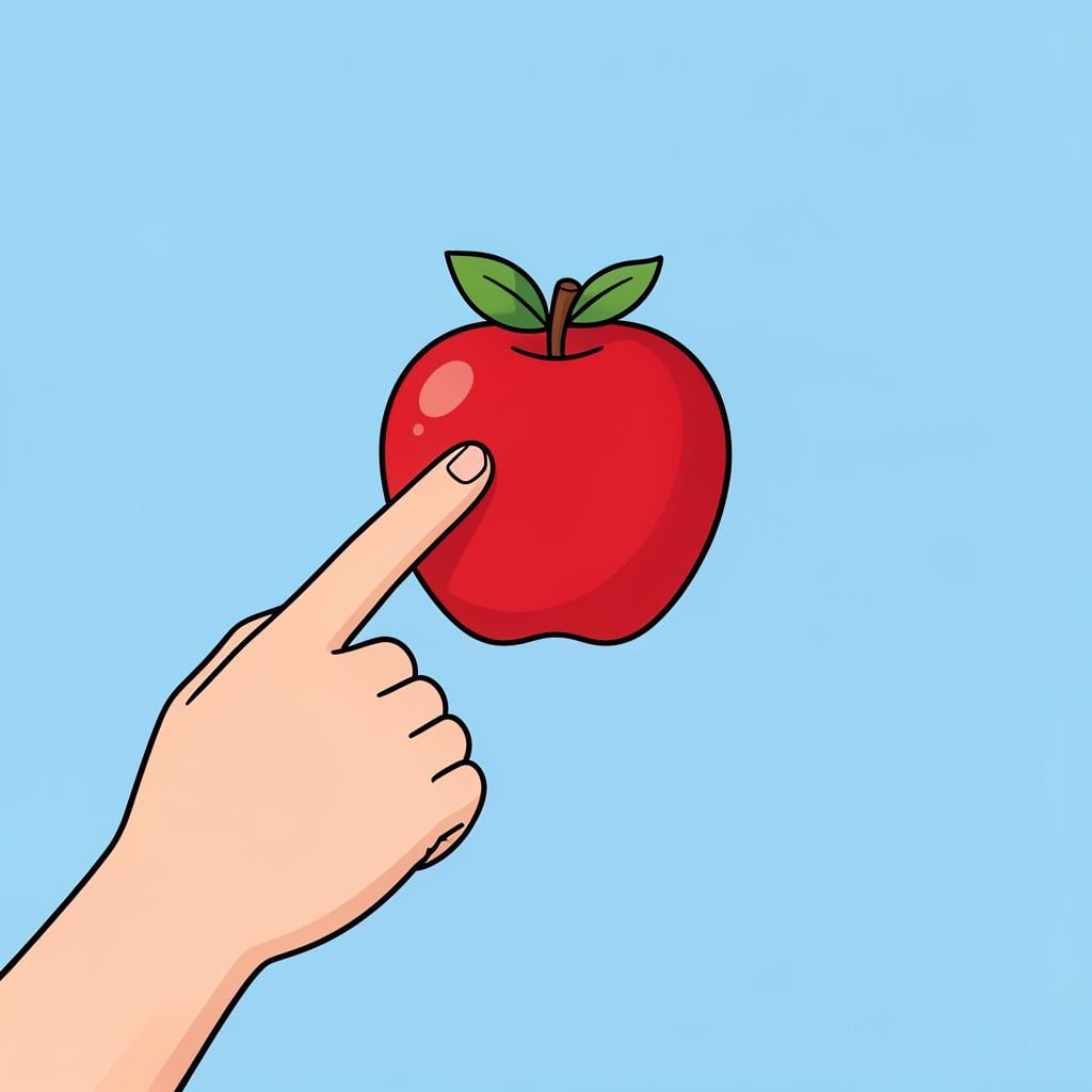 A hand with one finger extended, pointing towards a bright red apple on a table.