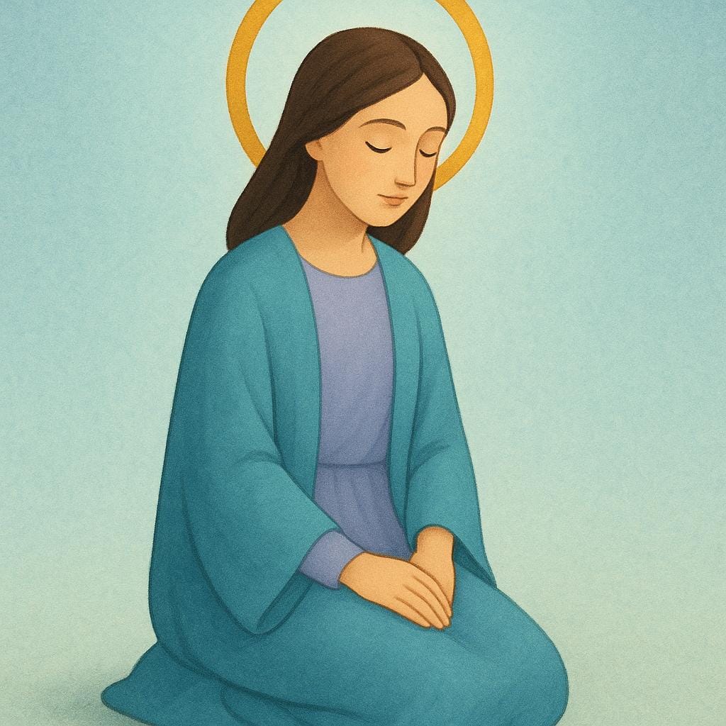Une illustration sereine d'une femme représentée comme une sainte, agenouillée doucement dans des robes simples avec un halo doré brillant au-dessus de sa tête.
