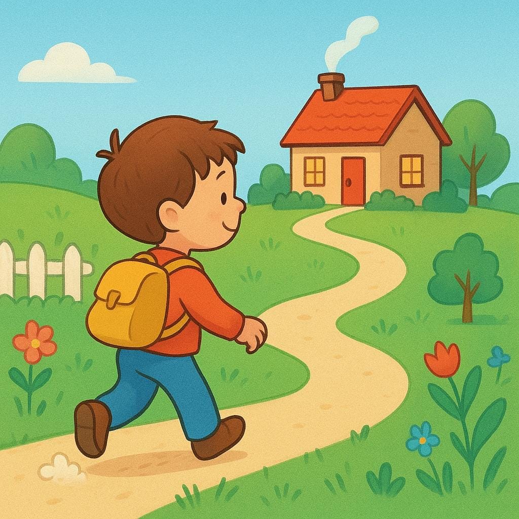 Eine farbenfrohe Illustration eines kleinen Kindes, das einen Weg entlanggeht und eindeutig auf ein kleines, warm aussehendes Haus zwischen Hügeln zurückgeht.
