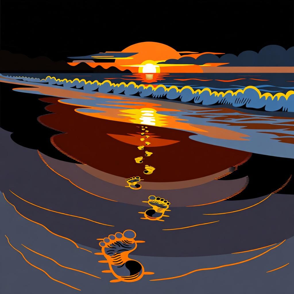 Footprints in the sand leading away toward the ocean, representing the action of 'went'.