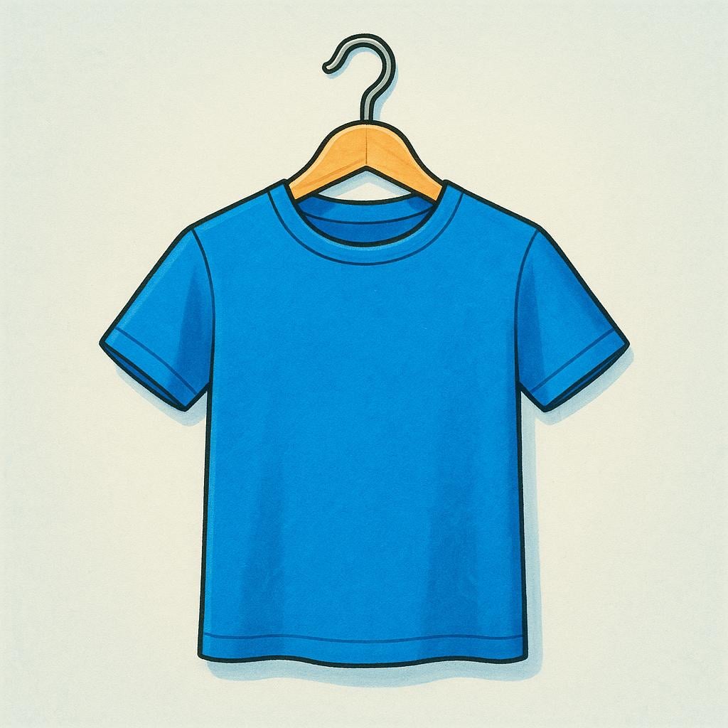 A close-up view of a bright blue T-shirt with short sleeves, hanging neatly on a wooden hanger.