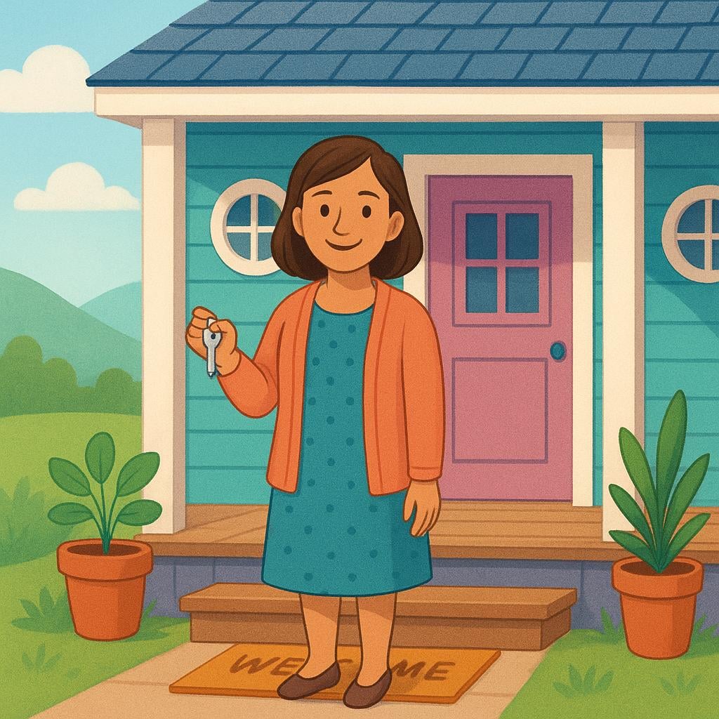 A colorful storybook illustration featuring a friendly woman standing on the porch of a small, cozy, brightly colored house, holding a simple key in her hand, representing a private individual.