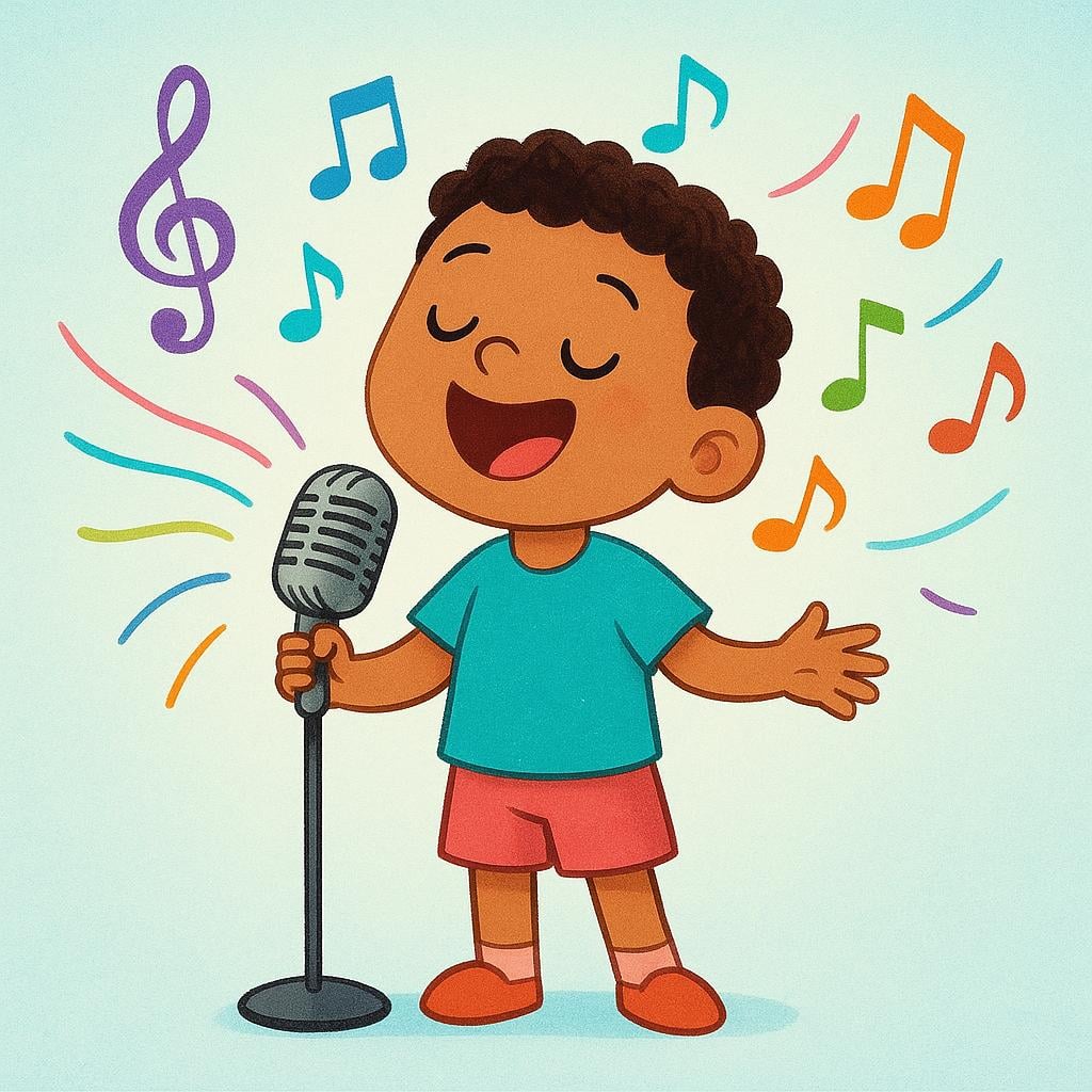 A happy child standing and singing into a simple, old-fashioned microphone. Bright, colorful musical notes and sound waves float around the child's head, representing the song.