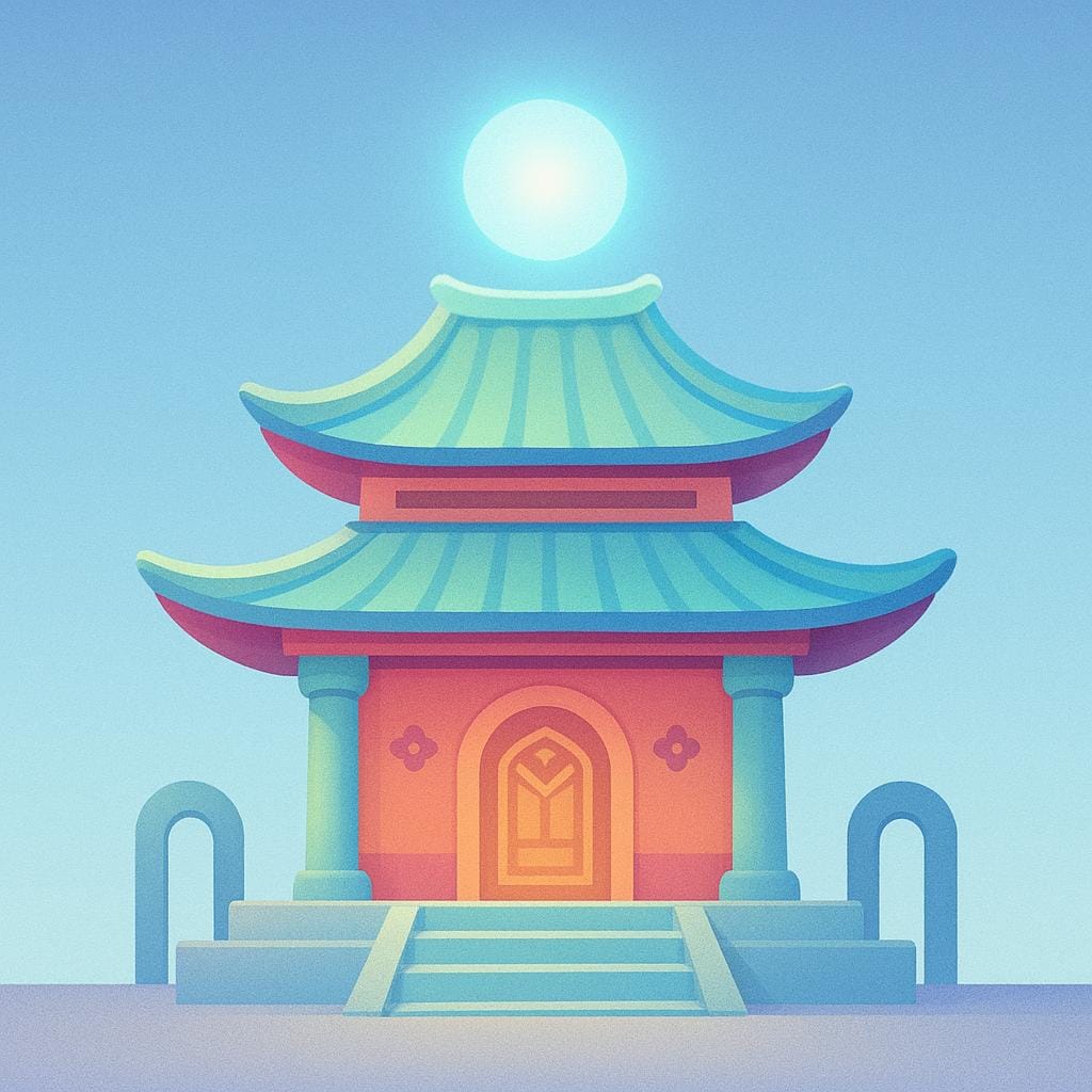 A simple, colorful illustration of a sacred building with a glowing abstract symbol hovering over the roof, representing a system of belief.