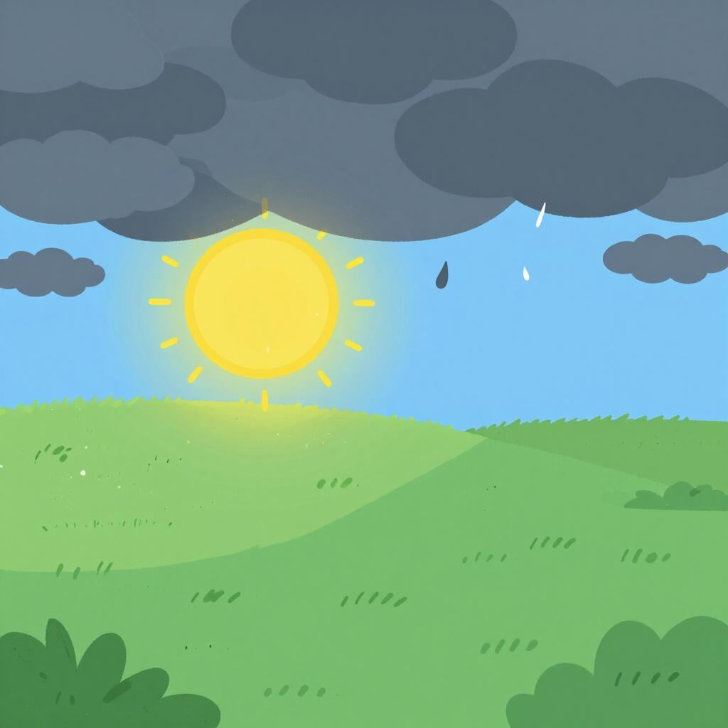 A bright sun peeking through thinning clouds as a heavy rainstorm begins to stop.