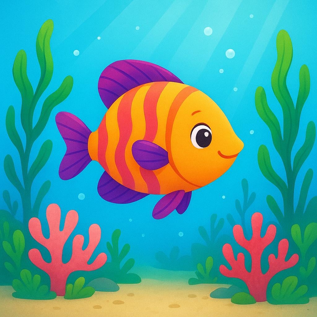 A simple illustration of a brightly colored tropical fish swimming underwater near green seaweed and coral.