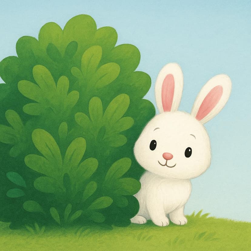 A small white rabbit is peeking its head out from behind a large green bush, having just come into sight.