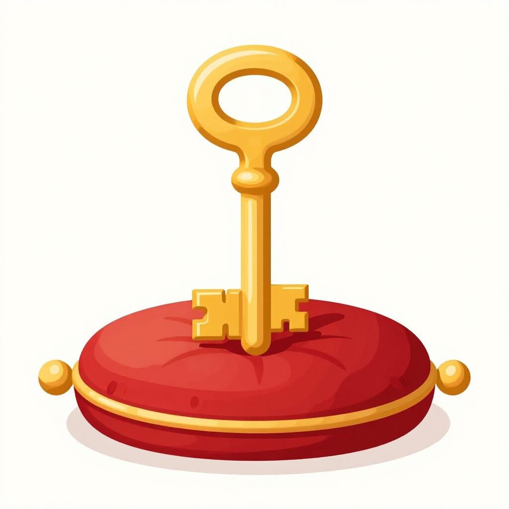 A heavy golden key resting on a velvet cushion.