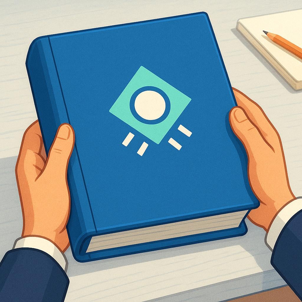 A high-quality illustration of a person's hands holding a thick, official blue folder or binder on a clean wooden desk, symbolizing an official document.