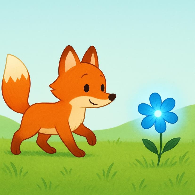 A friendly orange fox is taking a large step towards a single, brightly glowing blue flower in a green meadow. The fox is clearly moving forward.