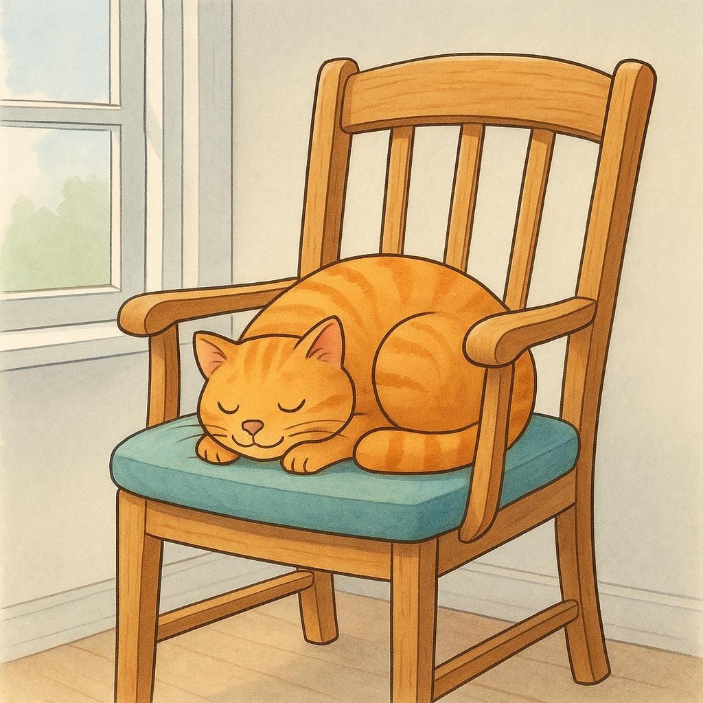 A cozy wooden chair occupied by a sleeping orange tabby cat curled up on the cushion.