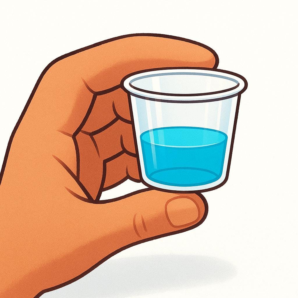 A close-up of a hand holding a tiny, clear plastic cup filled with a small portion of brightly colored blue liquid, representing a sample.