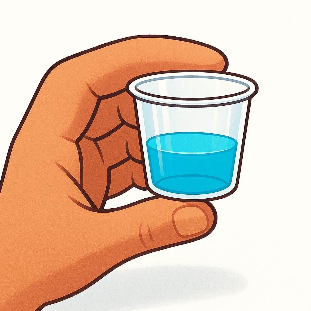 A close-up of a hand holding a tiny, clear plastic cup filled with a small portion of brightly colored blue liquid, representing a sample.