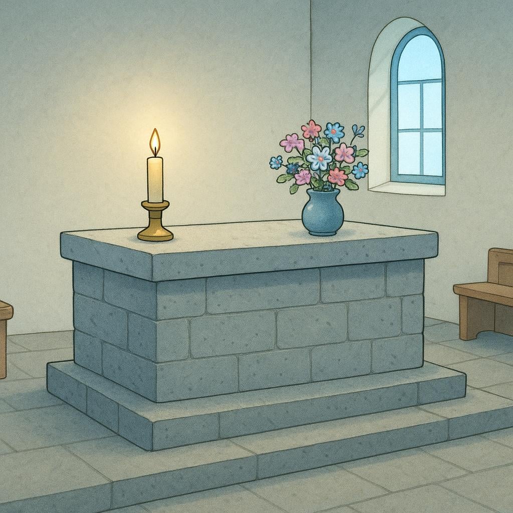 A raised stone altar inside a simple church, featuring one lit candle and a small vase of flowers.