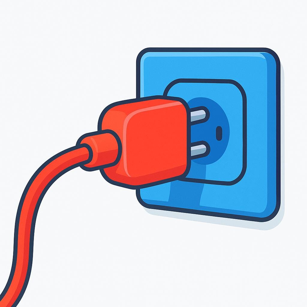 A close-up illustration of a red cable being plugged into a blue electrical socket on a wall, depicting a physical link.