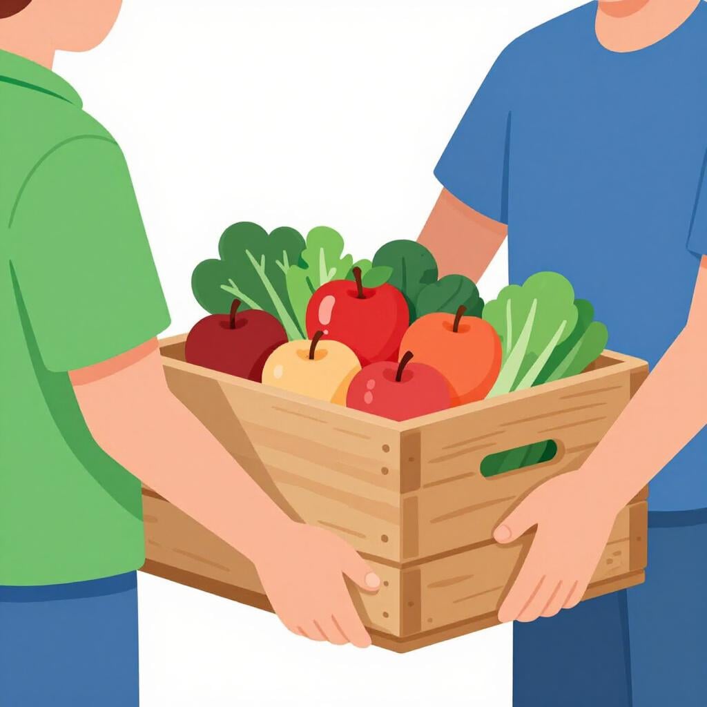 親切な人が、新鮮な赤いリンゴや野菜がたくさん入った大きな箱を、困っている別の人に渡している様子。