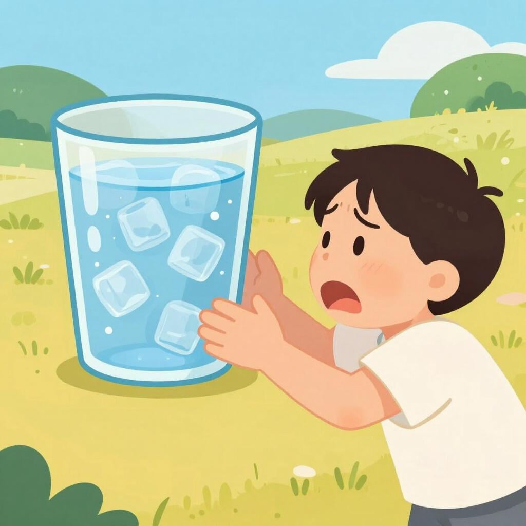 A character in a desert reaching out towards a large, sparkling glass of water.