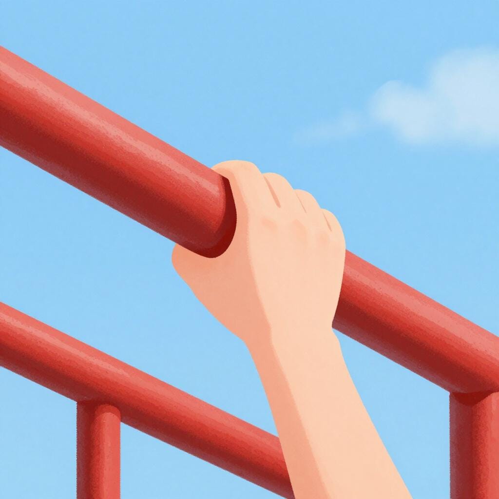 A close-up of a hand firmly gripping a colorful metal railing.