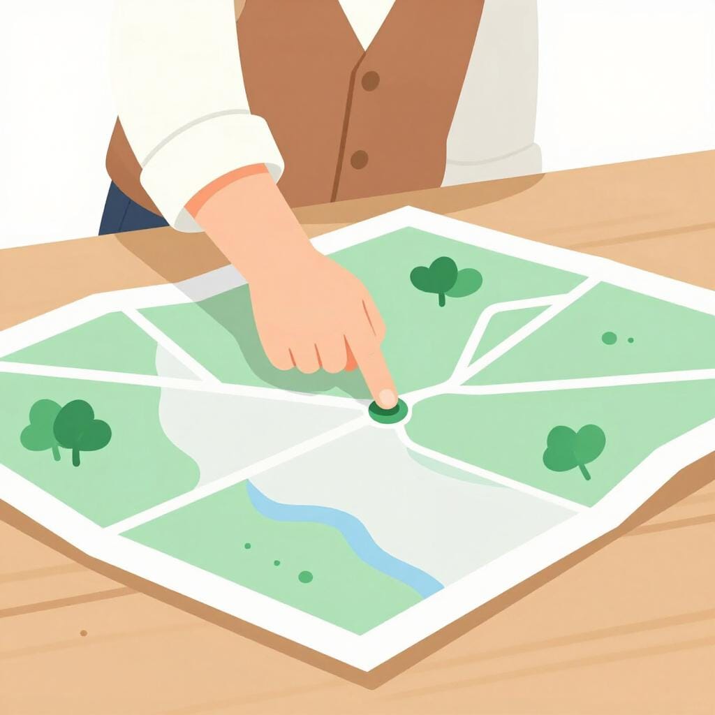 A person in a simple outfit standing over a large map on a table, pointing at a specific spot with a focused expression.