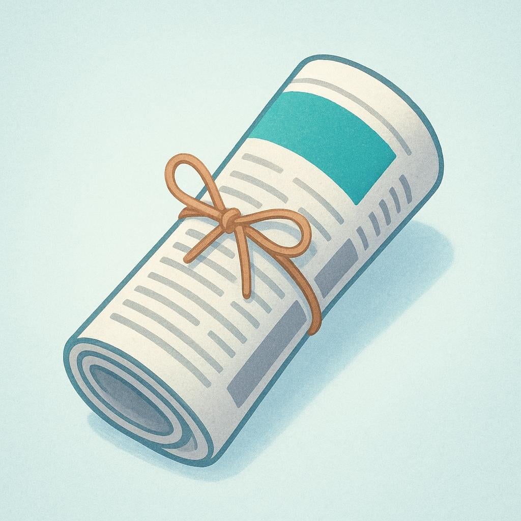 A tightly rolled newspaper secured with a piece of twine, representing a published article.