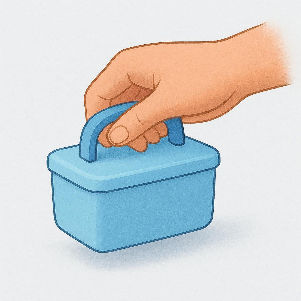 A simplified illustration of a person's hand easily carrying a small, light blue box that has a handle on top, emphasizing its light weight and ease of transport.