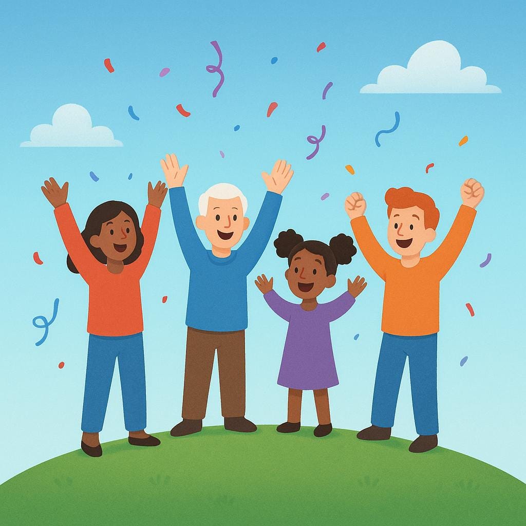 草の生い茂った山の頂上に到達し、歓声を上げているハイカーのグループ。