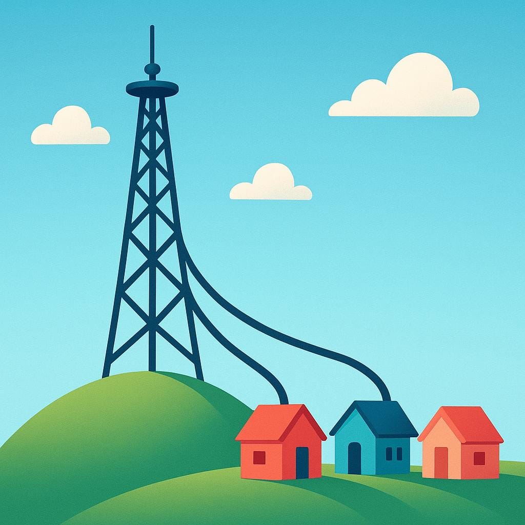 Un'illustrazione colorata di una grande torre di comunicazione che invia linee di collegamento a diverse piccole case, a simboleggiare un fornitore di telecomunicazioni.