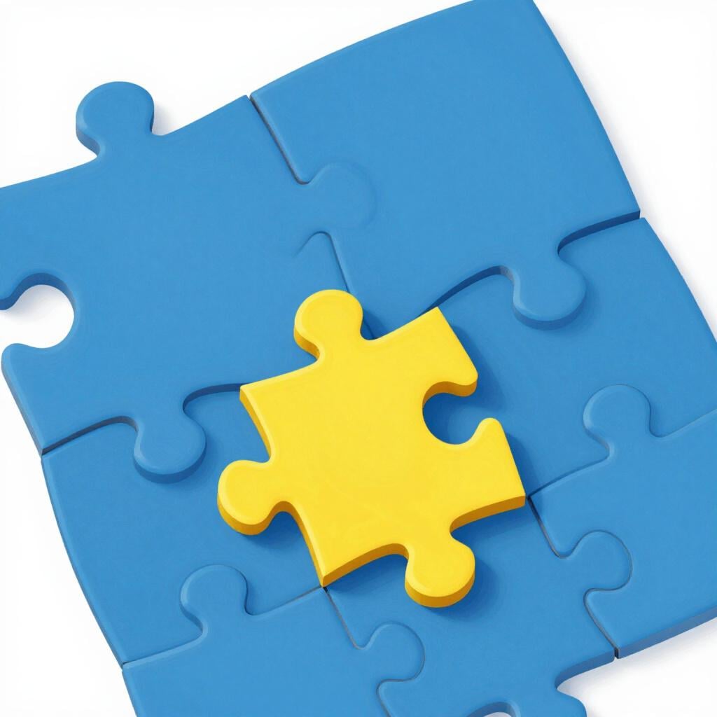 A group of colorful puzzle pieces joined together, with one specific piece being a different bright color to show its involvement in the whole.