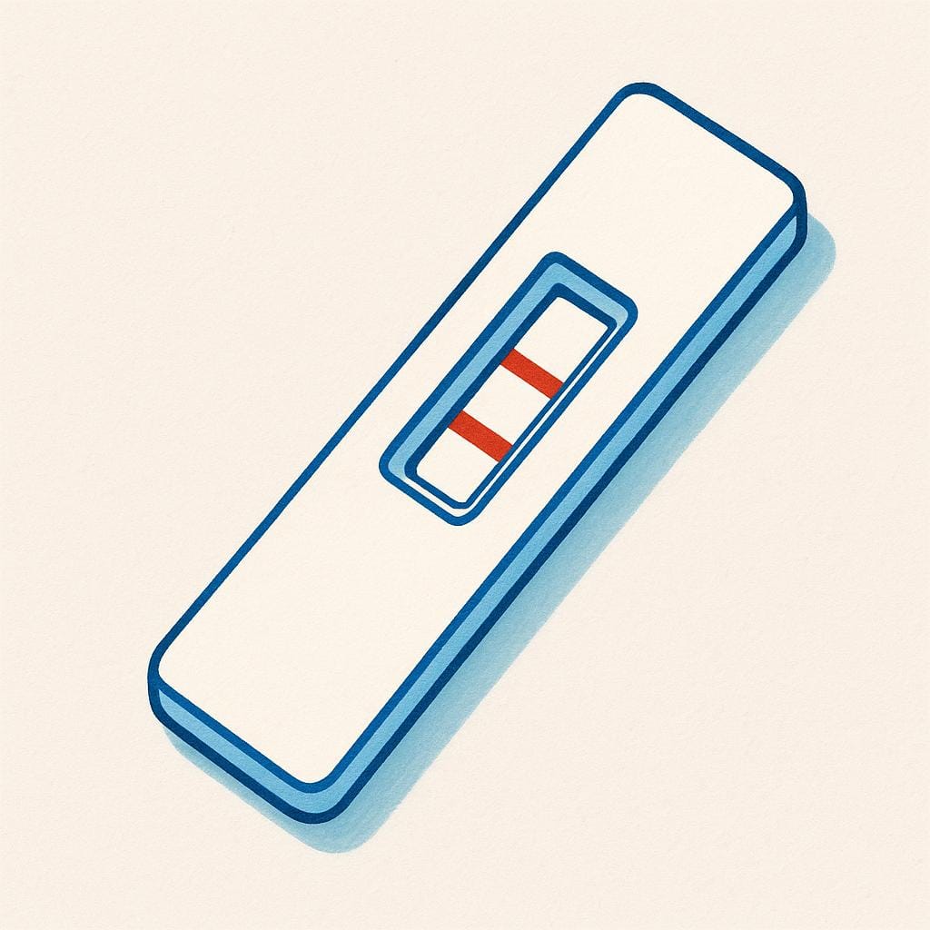 A simple white medical test strip displaying two distinct, clear red lines, indicating a positive confirmation result.