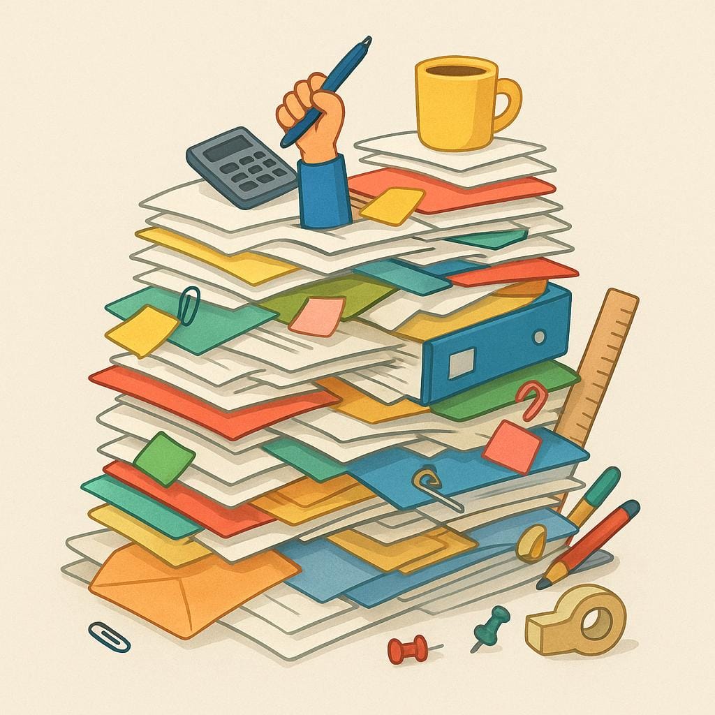 Ein kleiner Zeichentrickarbeiter, der komplett unter einem riesigen Stapel bunter Papiere und Büromaterialien begraben ist.