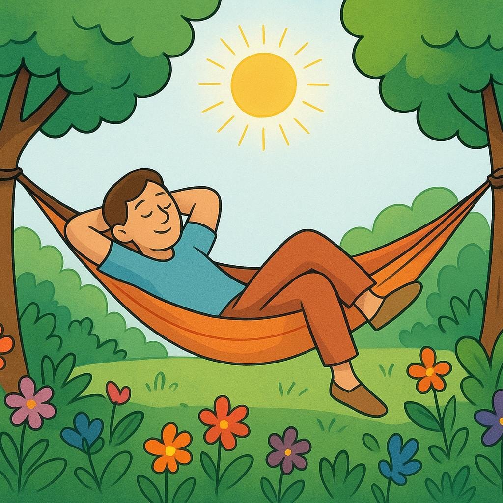 Eine Person entspannt in einer Hängematte unter einer hellen Sonne, umgeben von üppigem grünem Laub, was die verbrachte Zeit darstellt.