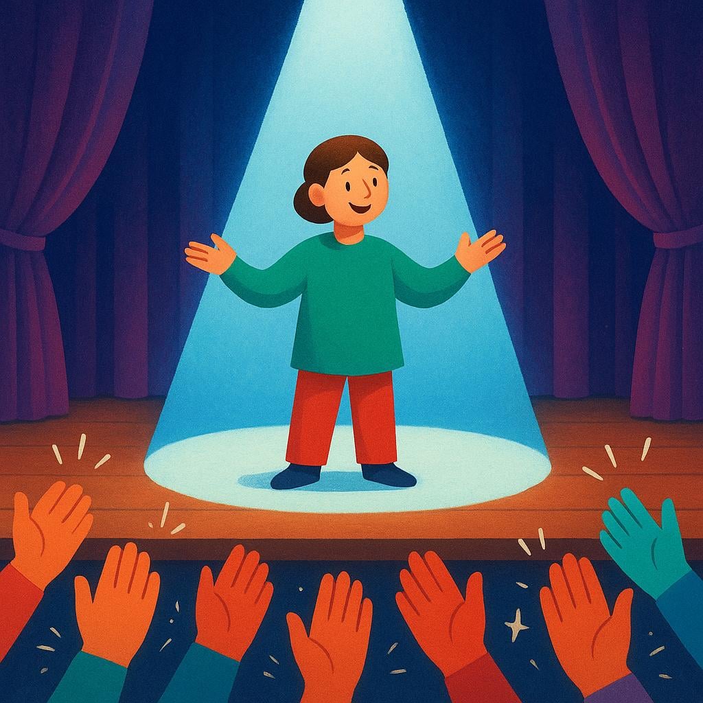 A person standing center stage under a bright spotlight, receiving enthusiastic applause from an unseen audience, symbolizing their famous status.