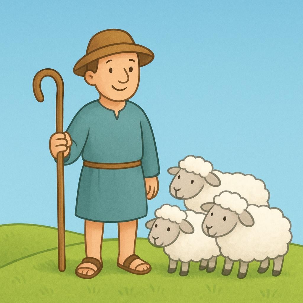 A man dressed as a shepherd, holding a crook, watching over a small flock of sheep in a green field.