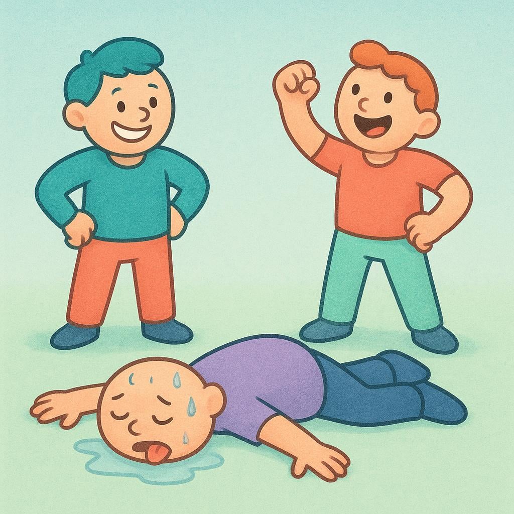 A high quality simple colorful storybook illustration showing two energetic figures standing over a third figure who is lying flat on the ground, completely exhausted and sweating heavily after a strenuous activity.