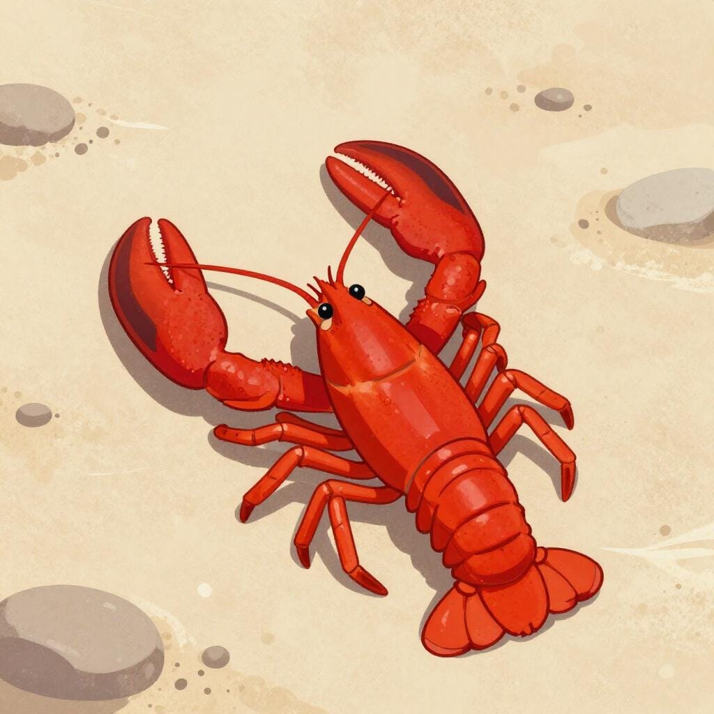 A vibrant red lobster sitting on a sandy ocean floor with a few green sea plants nearby.