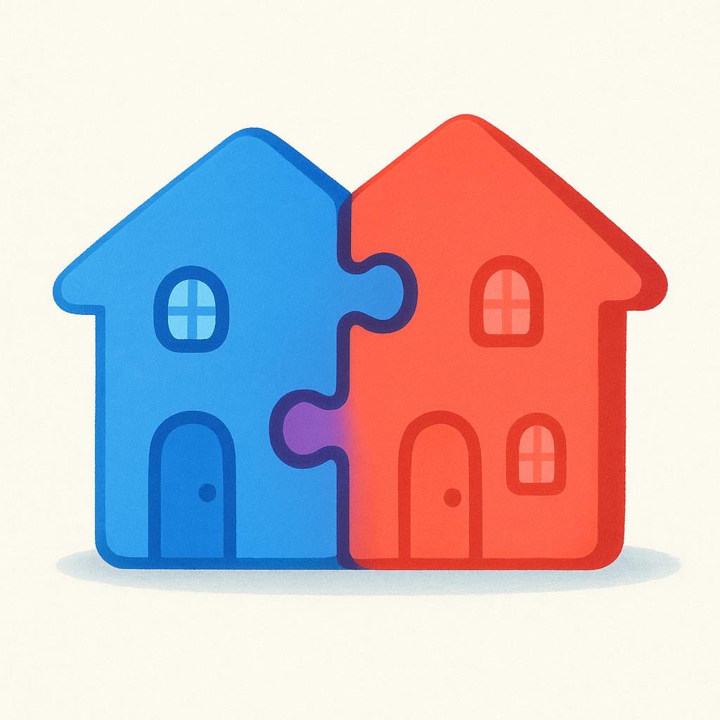 Two distinct, simple cartoon buildings, one blue and one red, gently interlocking and forming a single, larger structure.