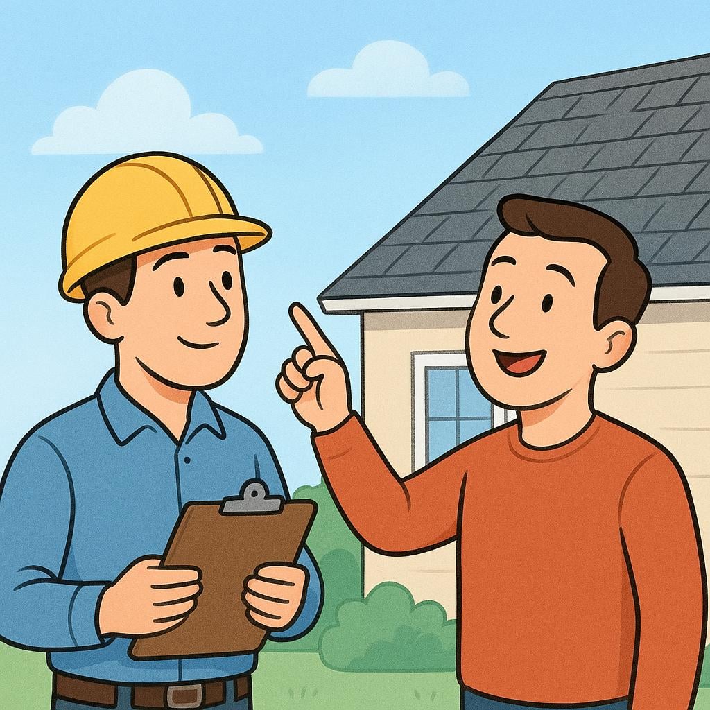 A person in a construction helmet holding a clipboard listens intently while a homeowner points toward the roof of a house, arranging repair services.