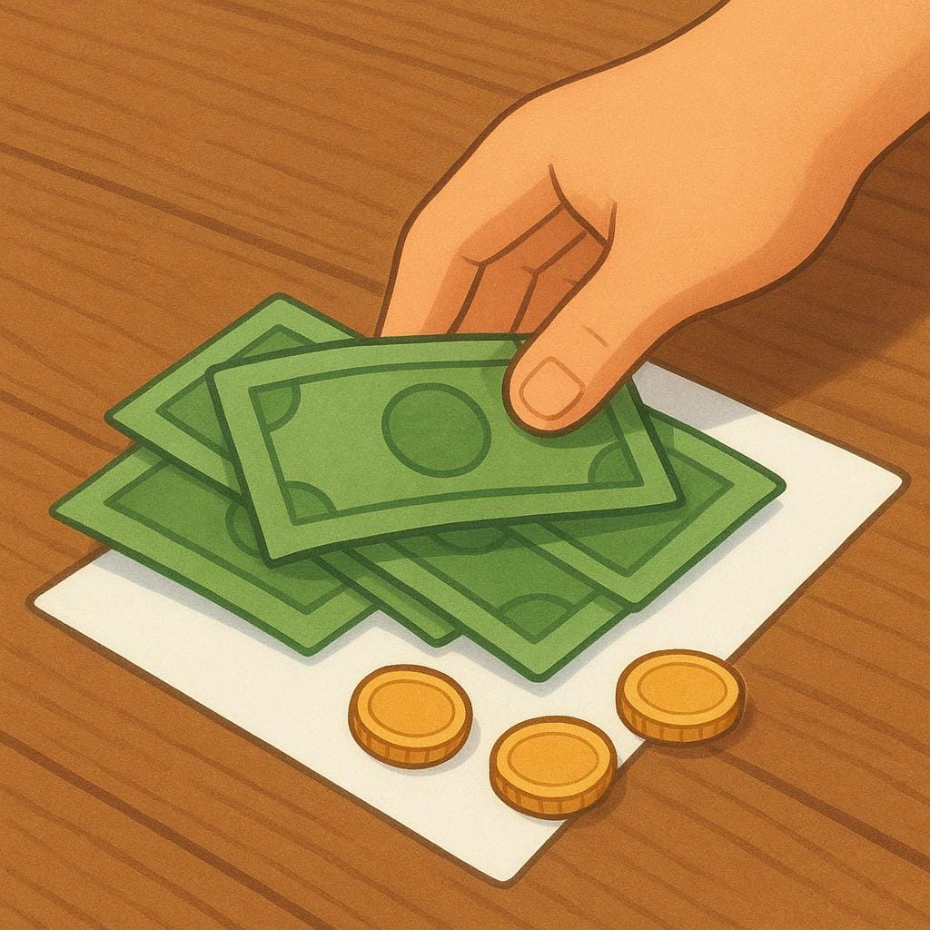 A close-up view of a hand placing a stack of paper currency and a few coins onto a small, folded paper bill, signifying payment.
